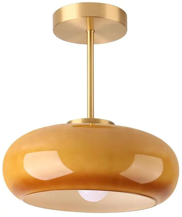 Main image of Brass Modern Hallway Ceiling Light - Orange Glass Ceiling Lamp with Dome Shade, Gold Mid Century Semi Flush Mount, Bedroom Entrance Light Fixture