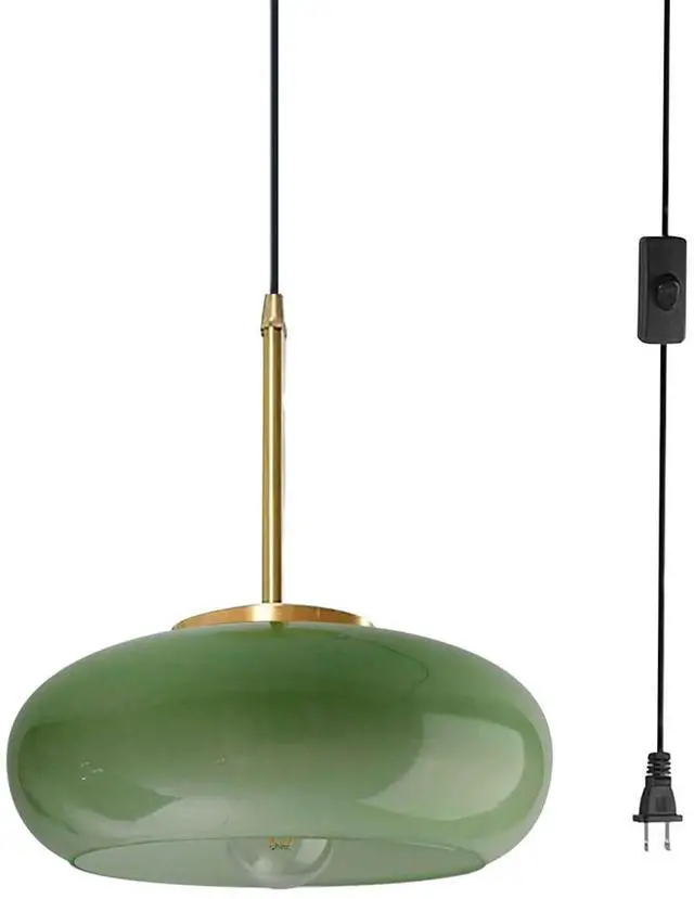 Main image of Plug in Glass Hanging Lamp Mid Century Pendant Light Plug in Cord Milk Glass Dark Green Lamp Shade Golden Brass Plug in Pendant Light Fixtures Adjustable Pendant Lights Cord Dining Room