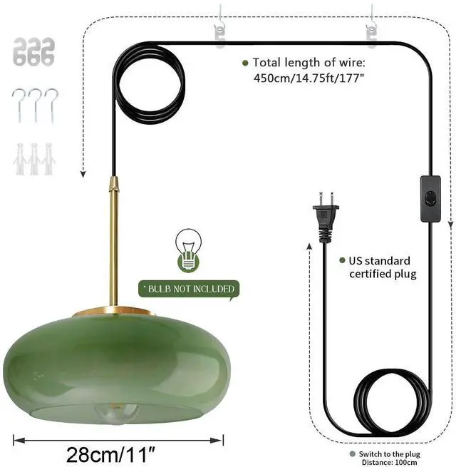 Alt view image 2 of 7 - Plug in Glass Hanging Lamp Mid Century Pendant Light Plug in Cord Milk Glass Dark Green Lamp Shade Golden Brass Plug in Pendant Light Fixtures Adjustable Pendant Lights Cord Dining Room
