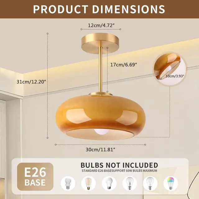 Alt view image 2 of 7 - Brass Modern Hallway Ceiling Light - Orange Glass Ceiling Lamp with Dome Shade, Gold Mid Century Semi Flush Mount, Bedroom Entrance Light Fixture