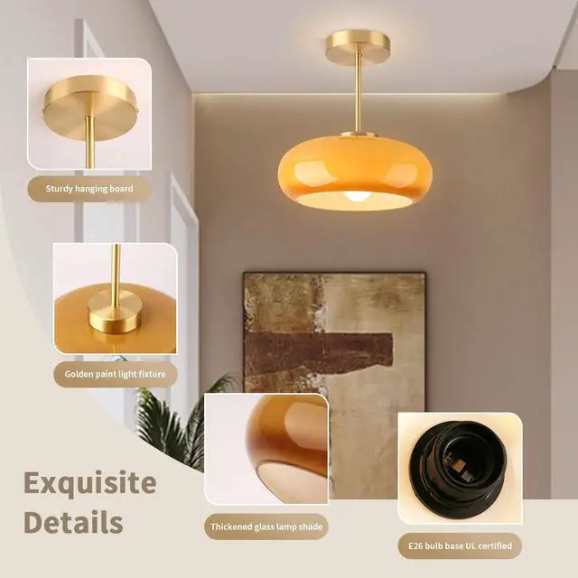 Alt view image 3 of 7 - Brass Modern Hallway Ceiling Light - Orange Glass Ceiling Lamp with Dome Shade, Gold Mid Century Semi Flush Mount, Bedroom Entrance Light Fixture
