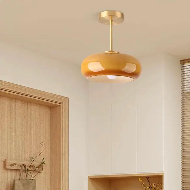 Alt view image 7 of 7 - Brass Modern Hallway Ceiling Light - Orange Glass Ceiling Lamp with Dome Shade, Gold Mid Century Semi Flush Mount, Bedroom Entrance Light Fixture