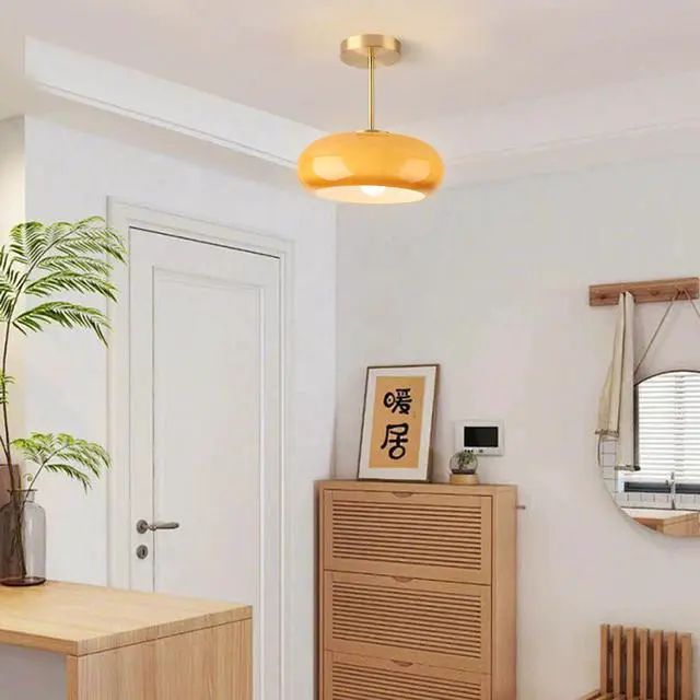 Alt view image 4 of 7 - Brass Modern Hallway Ceiling Light - Orange Glass Ceiling Lamp with Dome Shade, Gold Mid Century Semi Flush Mount, Bedroom Entrance Light Fixture