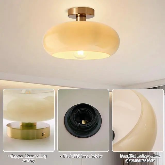 Alt view image 3 of 7 - Brass Flush Mount Ceiling Light Mid Century Modern Ceiling Light fixtures Brushed Gold Milk Yellow Glass Semi Flush Mount Ceiling Light Farmhouse Hallway Dining Room Ceiling Lamp