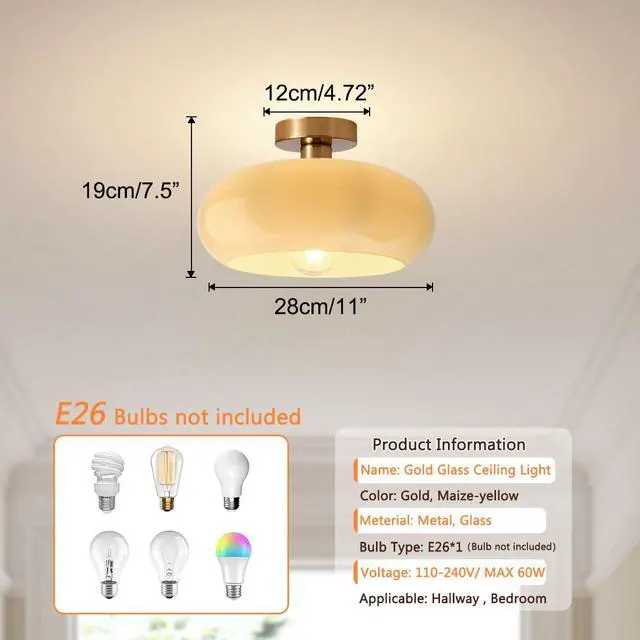 Alt view image 2 of 7 - Brass Flush Mount Ceiling Light Mid Century Modern Ceiling Light fixtures Brushed Gold Milk Yellow Glass Semi Flush Mount Ceiling Light Farmhouse Hallway Dining Room Ceiling Lamp