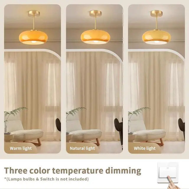 Alt view image 6 of 7 - Brass Modern Hallway Ceiling Light - Orange Glass Ceiling Lamp with Dome Shade, Gold Mid Century Semi Flush Mount, Bedroom Entrance Light Fixture