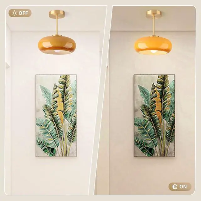 Alt view image 5 of 7 - Brass Modern Hallway Ceiling Light - Orange Glass Ceiling Lamp with Dome Shade, Gold Mid Century Semi Flush Mount, Bedroom Entrance Light Fixture