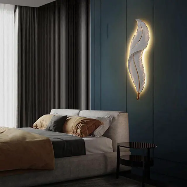 Alt view image 5 of 7 - Feather led wall Light Living Room wall Sconce Lights with Unique Resin Feather Design Mid Century Modern Wall Lamp Gold White Art Deco wall Light for Bedroom Hallway Dining Room