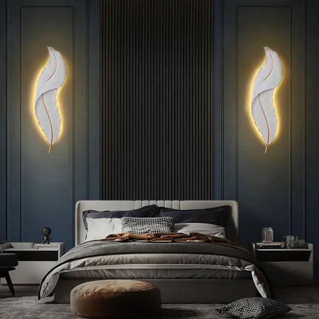 Alt view image 4 of 7 - Feather led wall Light Living Room wall Sconce Lights with Unique Resin Feather Design Mid Century Modern Wall Lamp Gold White Art Deco wall Light for Bedroom Hallway Dining Room
