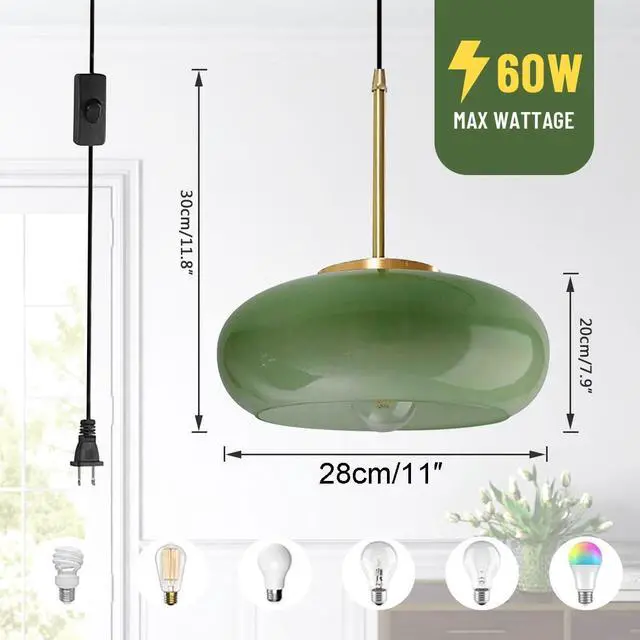 Alt view image 4 of 7 - Plug in Glass Hanging Lamp Mid Century Pendant Light Plug in Cord Milk Glass Dark Green Lamp Shade Golden Brass Plug in Pendant Light Fixtures Adjustable Pendant Lights Cord Dining Room