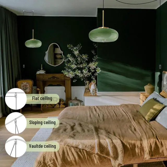 Alt view image 6 of 7 - Plug in Glass Hanging Lamp Mid Century Pendant Light Plug in Cord Milk Glass Dark Green Lamp Shade Golden Brass Plug in Pendant Light Fixtures Adjustable Pendant Lights Cord Dining Room