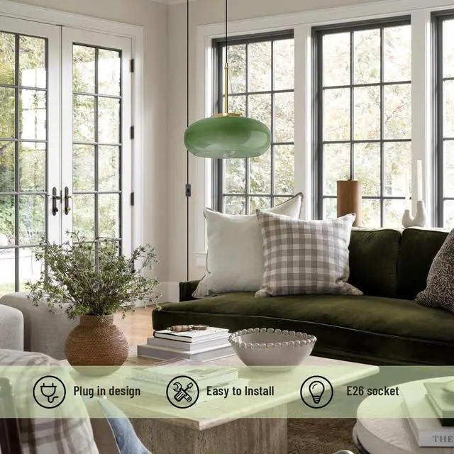 Alt view image 5 of 7 - Plug in Glass Hanging Lamp Mid Century Pendant Light Plug in Cord Milk Glass Dark Green Lamp Shade Golden Brass Plug in Pendant Light Fixtures Adjustable Pendant Lights Cord Dining Room