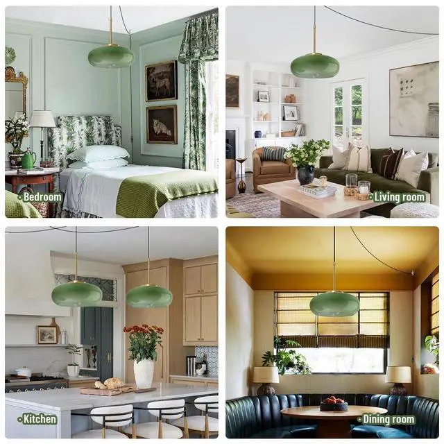 Alt view image 7 of 7 - Plug in Glass Hanging Lamp Mid Century Pendant Light Plug in Cord Milk Glass Dark Green Lamp Shade Golden Brass Plug in Pendant Light Fixtures Adjustable Pendant Lights Cord Dining Room