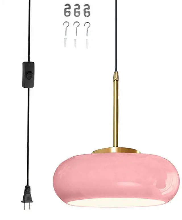 Main image of Modern Glass Hanging Lamp Plug in Milk Pink Pendant Light Fixture Gold Brass Plug in Glass Globe Pendant Light Fixtures Swag Lights 14.7 ft Cord mid Century Hanging Lamp Kitchen Sink