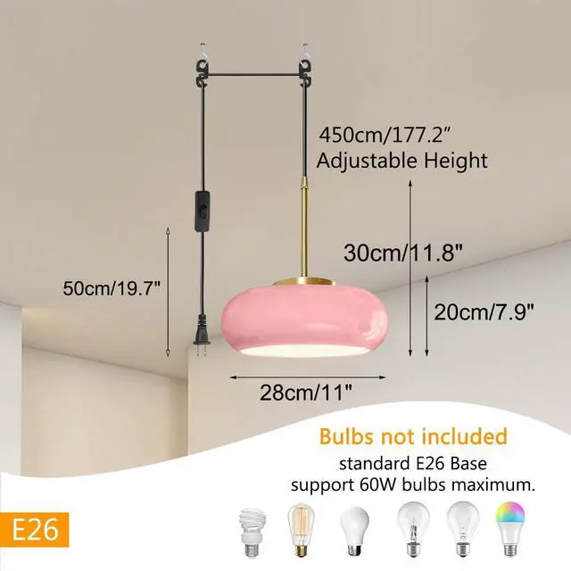 Alt view image 2 of 7 - Modern Glass Hanging Lamp Plug in Milk Pink Pendant Light Fixture Gold Brass Plug in Glass Globe Pendant Light Fixtures Swag Lights 14.7 ft Cord mid Century Hanging Lamp Kitchen Sink
