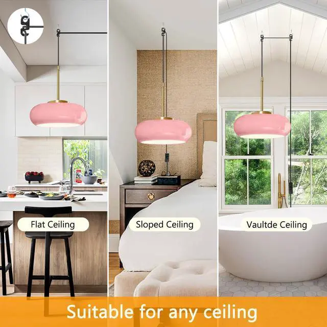 Alt view image 3 of 7 - Modern Glass Hanging Lamp Plug in Milk Pink Pendant Light Fixture Gold Brass Plug in Glass Globe Pendant Light Fixtures Swag Lights 14.7 ft Cord mid Century Hanging Lamp Kitchen Sink