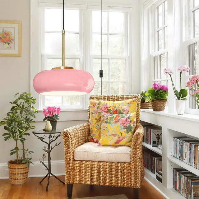 Alt view image 4 of 7 - Modern Glass Hanging Lamp Plug in Milk Pink Pendant Light Fixture Gold Brass Plug in Glass Globe Pendant Light Fixtures Swag Lights 14.7 ft Cord mid Century Hanging Lamp Kitchen Sink