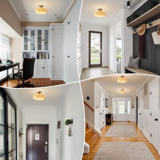 Alt view image 5 of 7 - Brass Flush Mount Ceiling Light Mid Century Modern Ceiling Light fixtures Brushed Gold Milk Yellow Glass Semi Flush Mount Ceiling Light Farmhouse Hallway Dining Room Ceiling Lamp