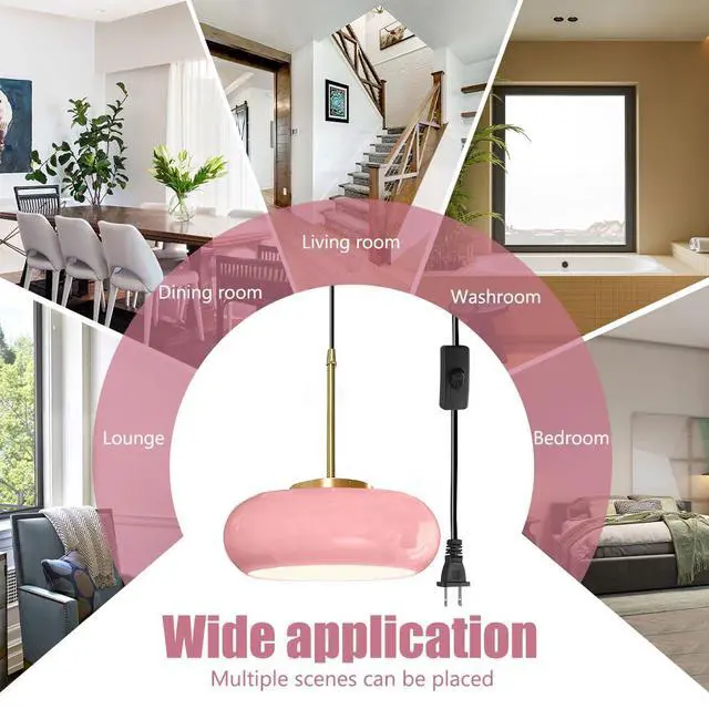 Alt view image 6 of 7 - Modern Glass Hanging Lamp Plug in Milk Pink Pendant Light Fixture Gold Brass Plug in Glass Globe Pendant Light Fixtures Swag Lights 14.7 ft Cord mid Century Hanging Lamp Kitchen Sink