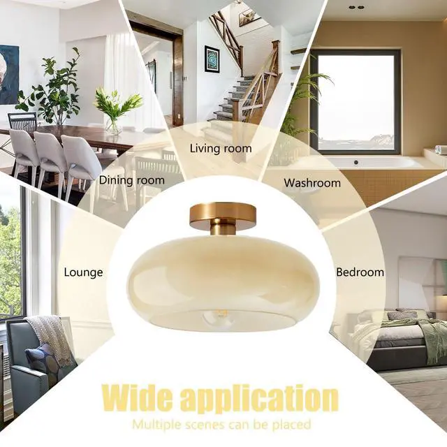 Alt view image 7 of 7 - Brass Flush Mount Ceiling Light Mid Century Modern Ceiling Light fixtures Brushed Gold Milk Yellow Glass Semi Flush Mount Ceiling Light Farmhouse Hallway Dining Room Ceiling Lamp