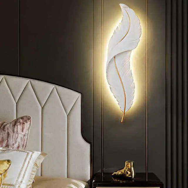 Alt view image 6 of 7 - Feather led wall Light Living Room wall Sconce Lights with Unique Resin Feather Design Mid Century Modern Wall Lamp Gold White Art Deco wall Light for Bedroom Hallway Dining Room