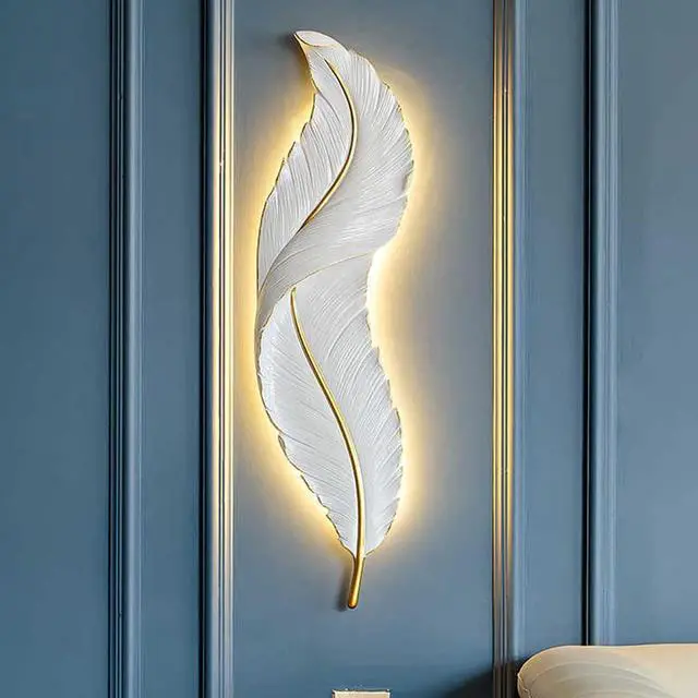 Alt view image 7 of 7 - Feather led wall Light Living Room wall Sconce Lights with Unique Resin Feather Design Mid Century Modern Wall Lamp Gold White Art Deco wall Light for Bedroom Hallway Dining Room