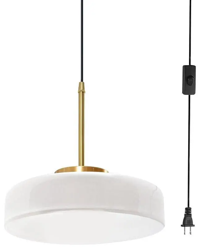 Main image of Mid Century Hanging Lamp Plug in White Pendant Lamp Dome Round Shade Glass Plug in Cord Pendant Light Fixtures Gold Nordic Modern Hnaging Lighting with Cord for Living Room Kitchen