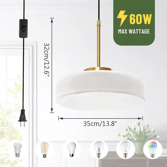 Alt view image 2 of 7 - Mid Century Hanging Lamp Plug in White Pendant Lamp Dome Round Shade Glass Plug in Cord Pendant Light Fixtures Gold Nordic Modern Hnaging Lighting with Cord for Living Room Kitchen