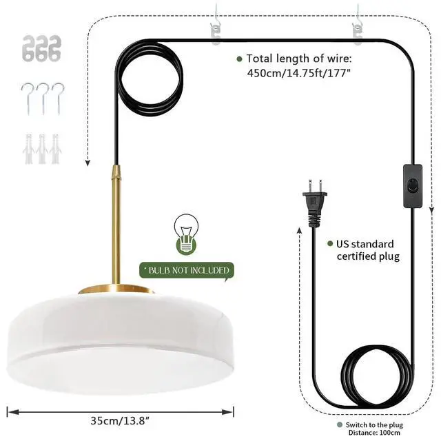 Alt view image 3 of 7 - Mid Century Hanging Lamp Plug in White Pendant Lamp Dome Round Shade Glass Plug in Cord Pendant Light Fixtures Gold Nordic Modern Hnaging Lighting with Cord for Living Room Kitchen