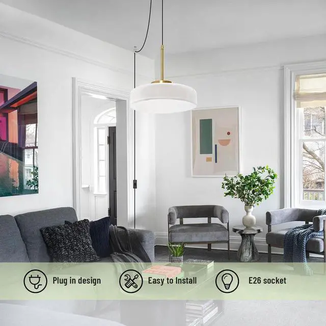 Alt view image 6 of 7 - Mid Century Hanging Lamp Plug in White Pendant Lamp Dome Round Shade Glass Plug in Cord Pendant Light Fixtures Gold Nordic Modern Hnaging Lighting with Cord for Living Room Kitchen