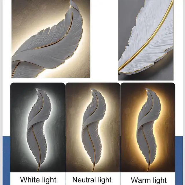 Alt view image 3 of 7 - Feather led wall Light Living Room wall Sconce Lights with Unique Resin Feather Design Mid Century Modern Wall Lamp Gold White Art Deco wall Light for Bedroom Hallway Dining Room