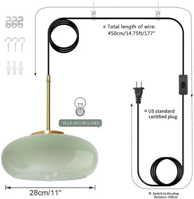 Alt view image 3 of 7 - Milk Glass Pendant lamp 1-Light Plug in Hanging Light with 14.7 ft Cord On/Off Switch Milk Green Glass Globe Shade Plug Mid Century Vintage Pendant Lighting for Kitchen Sink Bedroom