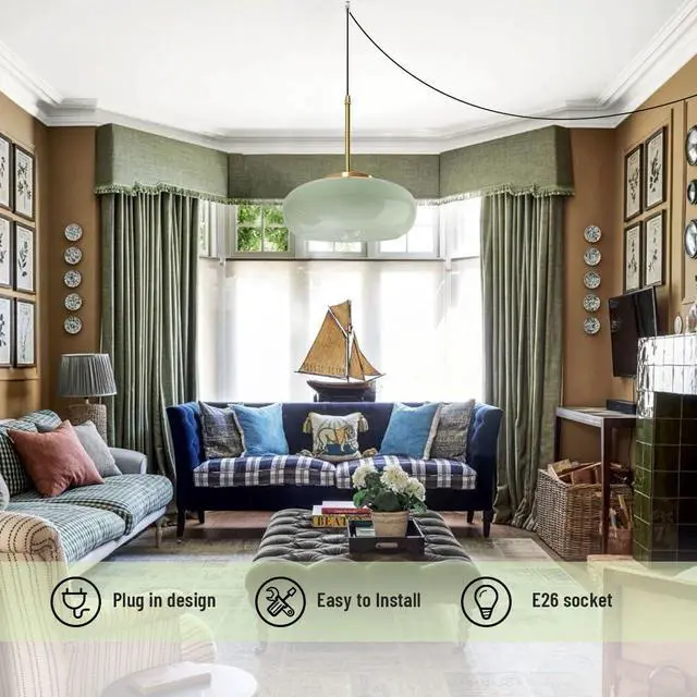 Alt view image 5 of 7 - Milk Glass Pendant lamp 1-Light Plug in Hanging Light with 14.7 ft Cord On/Off Switch Milk Green Glass Globe Shade Plug Mid Century Vintage Pendant Lighting for Kitchen Sink Bedroom