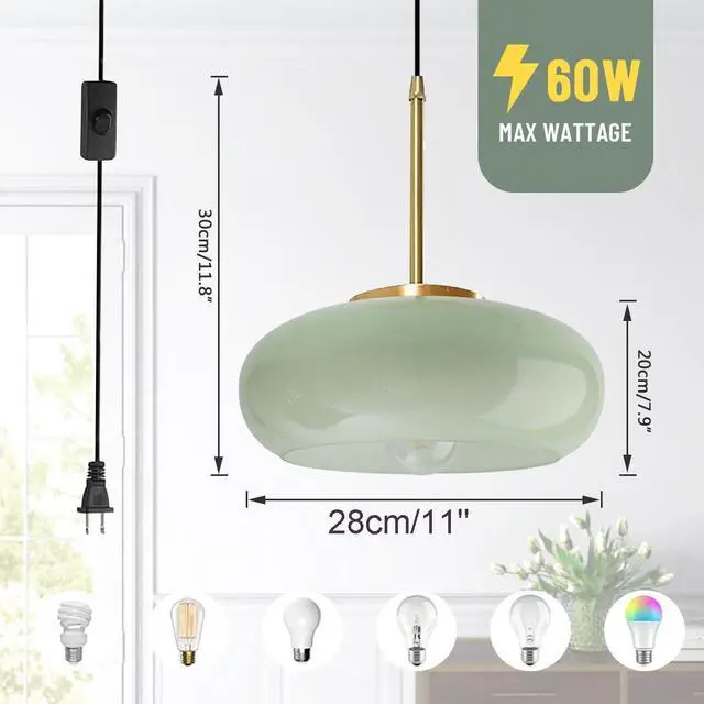 Alt view image 2 of 7 - Milk Glass Pendant lamp 1-Light Plug in Hanging Light with 14.7 ft Cord On/Off Switch Milk Green Glass Globe Shade Plug Mid Century Vintage Pendant Lighting for Kitchen Sink Bedroom