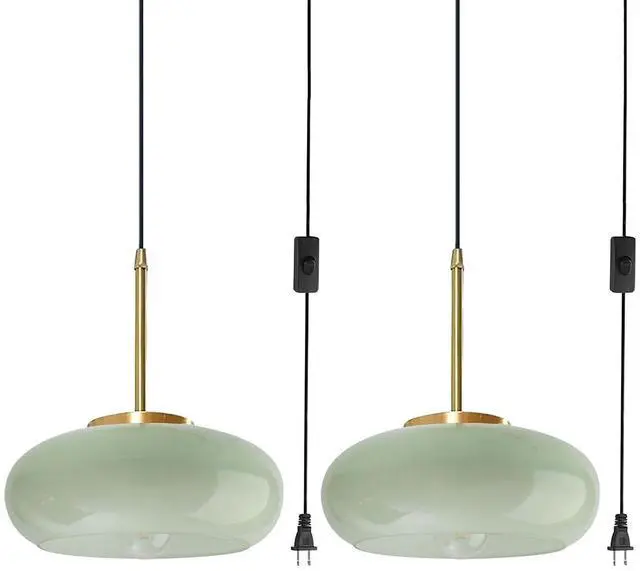 Main image of Plug in Pendant Light Fixture Milk Glass Hanging Lights with in Cord Mid Century Modern Hanging Lamp Round Green Shade Gold Vintage Plug in Chandelier Pendant Lamp Living Room Kitchen