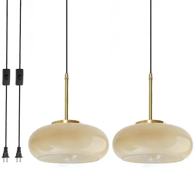 Main image of Plug in Pendant Light Mid Century Milk Yellow Glass Hanging Lamp Glass Globe Lamp Shade Vintage Pendant Lights Plug in Cord Gold Brass Finish Swag Hanging Ceiling Light for Kitchen