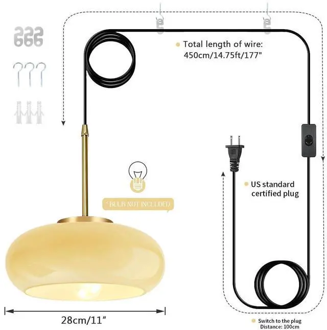 Alt view image 2 of 7 - Plug in Pendant Light Mid Century Milk Yellow Glass Hanging Lamp Glass Globe Lamp Shade Vintage Pendant Lights Plug in Cord Gold Brass Finish Swag Hanging Ceiling Light for Kitchen