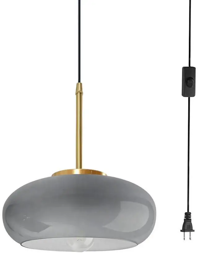 Main image of Kitchen Island Plug in Hanging Light Vintage Pendant Lamp with 14.75ft Plug in Cord & Switch Gray Round Glass Lamp Shade Dining Room Adjustable Swag Lamp Gold Metal Hanging Light