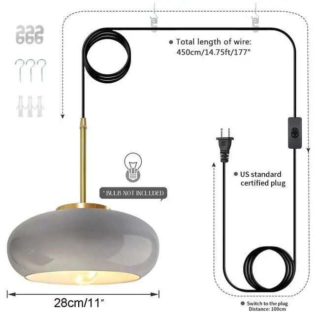 Alt view image 2 of 7 - Kitchen Island Plug in Hanging Light Vintage Pendant Lamp with 14.75ft Plug in Cord & Switch Gray Round Glass Lamp Shade Dining Room Adjustable Swag Lamp Gold Metal Hanging Light