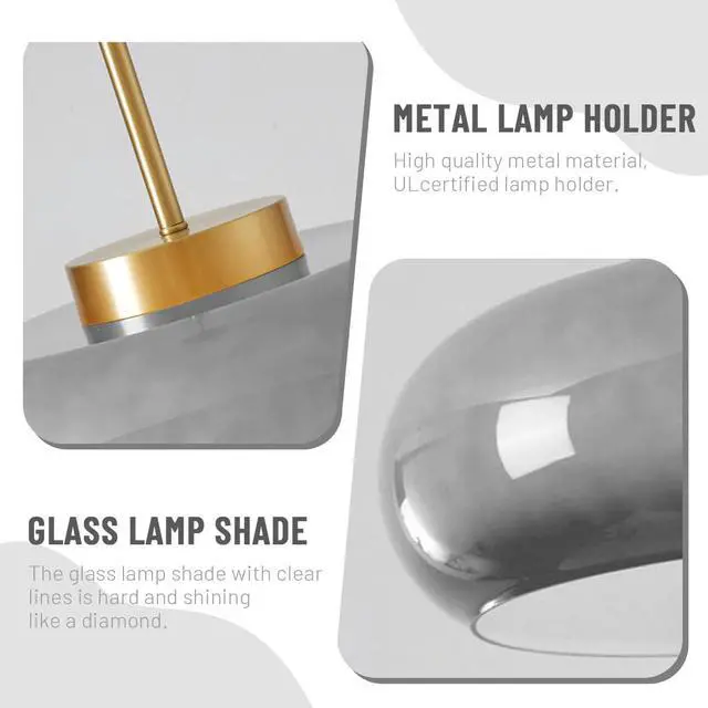Alt view image 3 of 7 - Kitchen Island Plug in Hanging Light Vintage Pendant Lamp with 14.75ft Plug in Cord & Switch Gray Round Glass Lamp Shade Dining Room Adjustable Swag Lamp Gold Metal Hanging Light