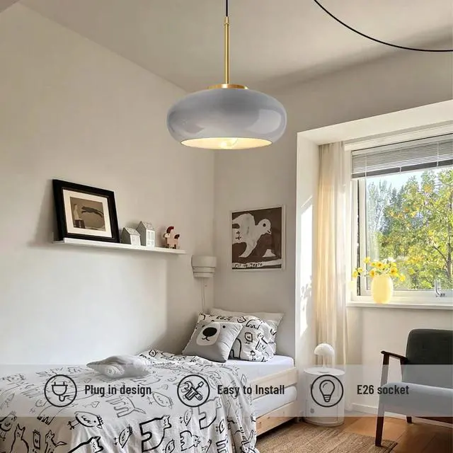 Alt view image 4 of 7 - Kitchen Island Plug in Hanging Light Vintage Pendant Lamp with 14.75ft Plug in Cord & Switch Gray Round Glass Lamp Shade Dining Room Adjustable Swag Lamp Gold Metal Hanging Light