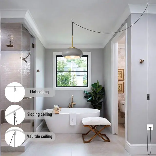 Alt view image 5 of 7 - Kitchen Island Plug in Hanging Light Vintage Pendant Lamp with 14.75ft Plug in Cord & Switch Gray Round Glass Lamp Shade Dining Room Adjustable Swag Lamp Gold Metal Hanging Light