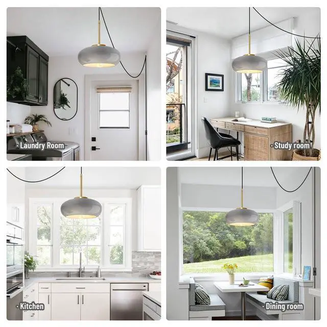Alt view image 6 of 7 - Kitchen Island Plug in Hanging Light Vintage Pendant Lamp with 14.75ft Plug in Cord & Switch Gray Round Glass Lamp Shade Dining Room Adjustable Swag Lamp Gold Metal Hanging Light