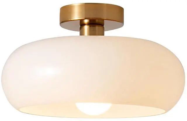 Main image of Mid Century Modern Ceiling Light - MCM Milk Glass Flush Mount with 11" White Dome Shade - Gold Brass Ceiling Lamp for Hallway, Bedroom, Bathroom, Dining Room