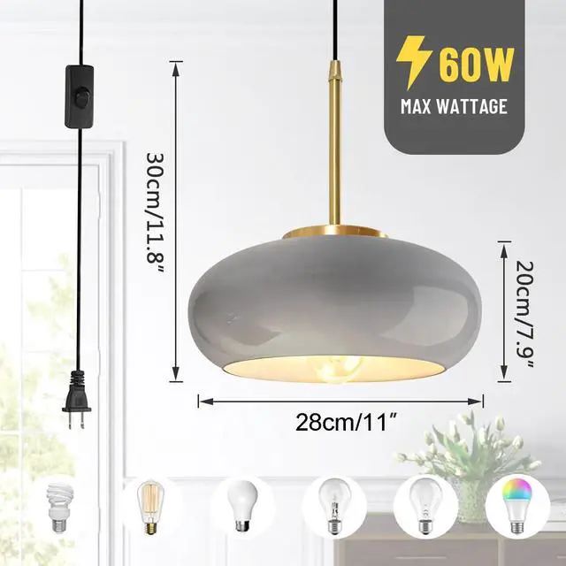 Alt view image 7 of 7 - Kitchen Island Plug in Hanging Light Vintage Pendant Lamp with 14.75ft Plug in Cord & Switch Gray Round Glass Lamp Shade Dining Room Adjustable Swag Lamp Gold Metal Hanging Light