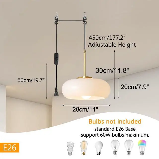 Alt view image 2 of 7 - Lighting Plug in Pendant Ceiling Light Fixture Large Globe White Hanging Lamp with 14.7 ft Cord On/Off Switch Mid Century Modern Pendant Light Plug Swag in Vintage Milk Glass Lights