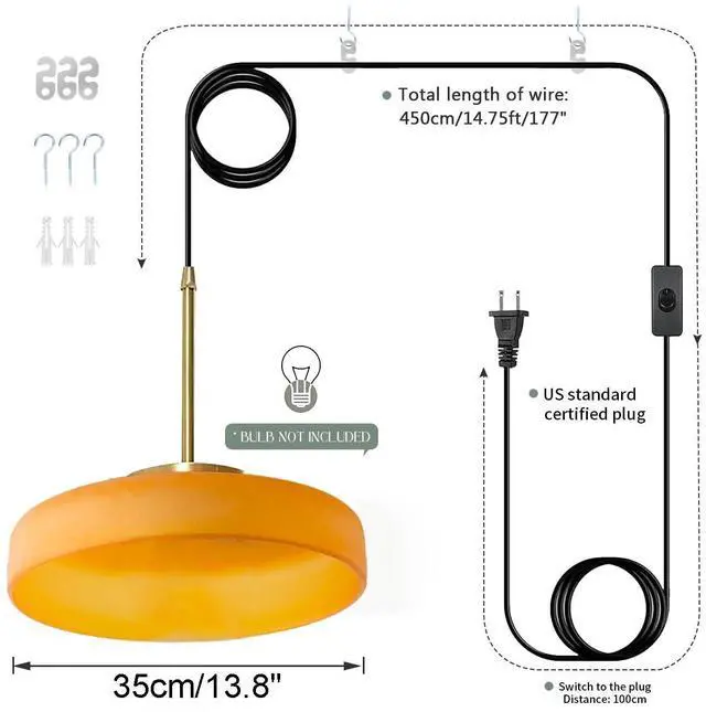 Alt view image 2 of 7 - Modern Pendant Lamp Plug in Pendant Light Fixture Milk Glass Hanging Lamp Plug in Cord Hanging Lights with Orange Round Shade Vintage Gold Swag Lighting for Kitchen Island Bedroom