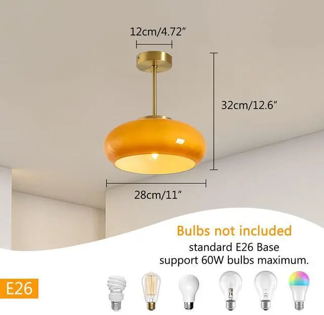 Alt view image 2 of 7 - Glass Semi Flush Mount Ceiling Light,Modern Close to Ceiling Light Fixtures, Orange Dome Glass Shade 11", Indoor Gold Ceiling Lamp for Hallway, Bedroom, Dining Room, Kitchen Island
