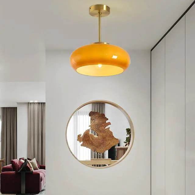 Alt view image 4 of 7 - Glass Semi Flush Mount Ceiling Light,Modern Close to Ceiling Light Fixtures, Orange Dome Glass Shade 11", Indoor Gold Ceiling Lamp for Hallway, Bedroom, Dining Room, Kitchen Island