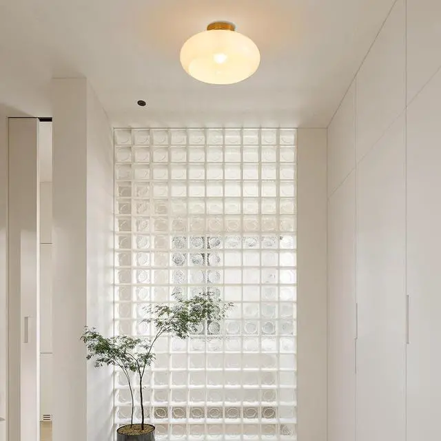 Alt view image 7 of 7 - Mid Century Modern Ceiling Light - MCM Milk Glass Flush Mount with 11" White Dome Shade - Gold Brass Ceiling Lamp for Hallway, Bedroom, Bathroom, Dining Room
